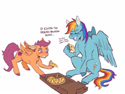 Size: 4000x3000 | Tagged: safe, artist:medictastic, rainbow dash, scootaloo, pegasus, pony, dialogue, female, filly, floppy ears, foal, food, mare, pineapple, pineapple pizza, pizza, pizza box, smiling