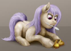 Size: 1000x721 | Tagged: safe, artist:anonymous, oc, oc only, earth pony, pony, /ptfg/, angry, digital painting, female, ginger, ginger root, lying down, mare, mouth hold, prone, shiny hooves, solo, spoon
