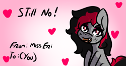 Size: 1169x614 | Tagged: safe, artist:lazerblues, oc, oc only, oc:miss eri, earth pony, pony, card, emo, floating heart, gradient background, heart, solo