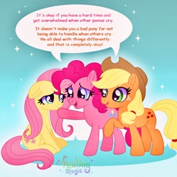 Size: 1500x1500 | Tagged: safe, applejack, fluttershy, pinkie pie, earth pony, pegasus, pony, g4, comforting, cute, female, folded wings, looking at each other, looking at someone, mare, positive ponies, raised hoof, signature, sitting, sparkles, speech bubble, standing, trio, upset, wings