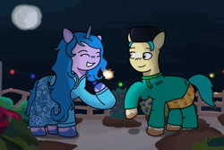 Size: 1312x874 | Tagged: safe, artist:tackotopia, hitch trailblazer, izzy moonbow, earth pony, unicorn, g5, celebration, clothes, community, garden, green mane, green tail, hat, holiday, horn, islam, light, long mane, looking at each other, looking at someone, maretime bay, moon, night, smiling, smiling at each other, sparkles, tail, unshorn fetlocks, yellow eyes