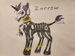 Size: 4032x3024 | Tagged: safe, artist:veprem, oc, oc only, oc:zarrow, hybrid, zony, colored, concave belly, fit, horn, jewelry, male, slender, solo, stallion, thin, traditional art, zony oc