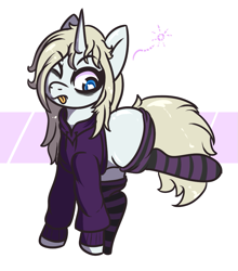 Size: 833x945 | Tagged: safe, artist:lazerblues, oc, oc only, oc:synthwave, pony, unicorn, bags under eyes, clothes, hoodie, horn, one eye closed, socks, solo, stretching, striped socks, tongue out