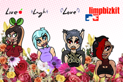 Size: 2100x1410 | Tagged: safe, artist:lazerblues, oc, oc only, oc:bella, oc:cici, oc:darcy, oc:yuzu, hybrid, satyr, bow, breasts, chinese dress, clothes, dress, hair bow, hybrid oc, parent:big macintosh, parent:coco pommel, parent:oc:miss eri, underboob, undercut