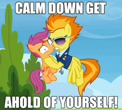 Size: 513x463 | Tagged: safe, edit, edited screencap, screencap, scootaloo, spitfire, pegasus, pony, g4, abuse, airplane!, animated, bitchfire, caption, child abuse, clothes, cropped, duo, female, filly, filly abuse, flying, foal, gif, go to sleep diamond tiara, holding a pony, image macro, jewelry, loop, mare, movie reference, necklace, necktie, pinpoint eyes, scootabuse, shaking, spitfire's tie, spitfire's whistle, sunglasses, text, uniform, whistle, whistle necklace, wonderbolts dress uniform