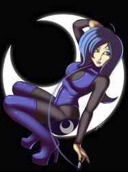 Size: 3072x4101 | Tagged: safe, artist:kloudmutt, princess luna, human, art pack:my little sweetheart, g4, boots, catsuit, female, high heels, humanized, lipstick, moon, platform heels, ribcage, s1 luna, shoes, solo, thigh boots