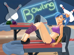 Size: 3375x2535 | Tagged: safe, artist:kevinsano, allie way, human, art pack:my little sweetheart, g4, barefoot, blue hair, bowling alley, bowling ball, bowling pin, clothes, feet, female, humanized, leg warmers, neon, neon sign, pinup, ponytail, signature, solo, tank top