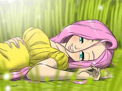 Size: 3375x2536 | Tagged: safe, artist:aeolus06, fluttershy, human, art pack:my little sweetheart, g4, breasts, colored pupils, cute, female, grass, grin, humanized, lidded eyes, lips, looking at you, lying down, on back, outdoors, shyabetes, smiling, solo