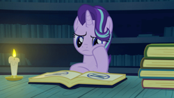 Size: 600x338 | Tagged: safe, artist:.derpy., starlight glimmer, pony, unicorn, g4, animated, animated png, book, bored, candle, female, frown, horn, i can't believe it's not hasbro studios, library, magic, magic aura, mare, reading, show accurate, sitting, solo, studying