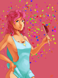 Size: 2479x3300 | Tagged: artist needed, safe, pinkie pie, human, art pack:my little sweetheart, apron, chocolate, clothes, confetti, food, food on face, frosting, humanized, naked apron, partial nudity, pink background, scraper, signature, simple background