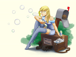 Size: 3151x2367 | Tagged: safe, artist:empty-10, human, art pack:my little sweetheart, bag, blowing bubbles, boots, bubble, bubble solution, bubble wand, clothes, feet, female, food, humanized, mail, mailbag, mailbox, muffin, off shoulder, shoes, shorts, socks, solo, stocking feet, stockings, thigh highs