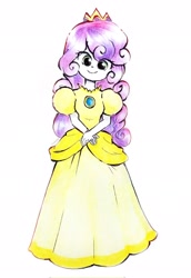 Size: 1412x2048 | Tagged: safe, artist:liaaqila, sweetie belle, human, equestria girls, g4, alternate hairstyle, clothes, commission, cosplay, costume, crown, cute, diasweetes, dress, female, gown, hands together, jewelry, poofy shoulders, princess peach, princess sweetie belle, regalia, simple background, smiling, solo, super mario bros., traditional art, white background