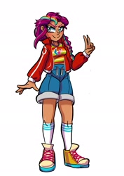 Size: 1450x2048 | Tagged: safe, artist:jully-park, sunny starscout, human, g5, alternate design, clothes, cutie mark on clothes, female, humanized, jacket, korean, mane stripe sunny, moderate dark skin, pants, peace sign, pose, purple hair, shoes, simple background, smiling, socks, solo, vest, white background