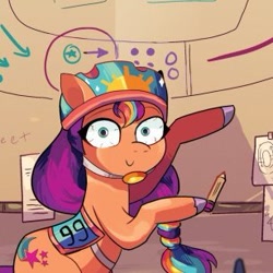 Size: 307x307 | Tagged: safe, artist:natalie haines, edit, idw, official comic, sunny starscout, earth pony, pony, g5, my little pony: tell your tale, official, spoiler:comic, spoiler:g5, spoiler:g5comic, bloodshot eyes, comic, comic cover, cropped, cutie mark, drawing, female, helmet, mane stripe sunny, mare, meme, my little pony: kenbucky roller derby, paper, pencil, pointing, ponified, poster, race track, roller derby, roller skates, skates, unshorn fetlocks, wide eyes
