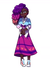 Size: 1240x1754 | Tagged: safe, artist:jully-park, misty brightdawn, human, g5, african american, blue eyelashes, clothes, curly hair, cutie mark on clothes, cyan eyes, dark skin, dress, female, hand on hip, human coloration, humanized, looking at you, pose, rebirth misty, shoes, simple background, smiling, smiling at you, solo, two toned hair, white background