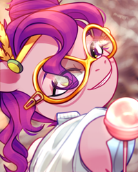 Size: 2254x2822 | Tagged: safe, artist:maren, pipp petals, pegasus, pony, g5, aj bridel, candy, clothes, eye clipping through hair, eyebrows, female, food, glasses, grin, headband, high res, lollipop, looking at you, mare, ponified, signature, smiling, smiling at you, solo, voice actor joke