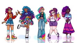 Size: 1280x720 | Tagged: safe, artist:jully-park, izzy moonbow, misty brightdawn, pipp petals, sunny starscout, zipp storm, human, equestria girls, g4, g5, adorapipp, adorasexy, african american, alternate design, blue eyelashes, breasts, busty pipp petals, cat ears, chubby, clothes, curly hair, cute, cutie mark on clothes, cyan eyes, dark skin, diverse body types, dress, equestria girls (g5), eyebrows, female, fingernails, fit, flowing hair, hand on hip, high heels, human coloration, humanized, jacket, korean, lesbian pride flag, light skin, looking at you, magenta eyes, mane stripe sunny, midriff, moderate dark skin, multiple characters, one eye closed, pants, peace sign, phone, physique difference, pose, pride, pride flag, purple hair, raised eyebrow, rebirth misty, sexy, shading, shadow, shoes, signature, simple background, skirt, slender, smiling, smiling at you, smirk, socks, tank top, thin, tongue out, two toned hair, white background, wink