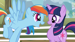 Size: 3840x2160 | Tagged: safe, screencap, rainbow dash, twilight sparkle, pegasus, pony, unicorn, g4, season 1, the ticket master, duo, duo female, eye contact, female, fence, flying, horn, looking at each other, looking at someone, mare, open mouth, open smile, outdoors, side view, smiling, spread wings, unicorn twilight, wings