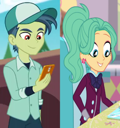 Size: 610x650 | Tagged: safe, edit, edited screencap, screencap, garden grove, mile hill, equestria girls, equestria girls series, festival filters, five stars, g4, spoiler:eqg series (season 2), background human, cellphone, clothes, crack shipping, cropped, crystal prep academy uniform, ear piercing, earring, female, jewelry, male, phone, piercing, school uniform, ship:gardenhill, shipping, shipping domino, smartphone, straight, sweet snacks cafe