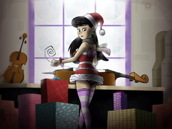 Size: 3159x2363 | Tagged: artist needed, safe, octavia melody, human, art pack:my little sweetheart, cello, christmas, clothes, costume, ear piercing, earring, eyeshadow, hat, holiday, humanized, jewelry, makeup, musical instrument, piercing, present, santa costume, santa hat, violin, wrapping paper