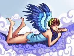 Size: 3300x2480 | Tagged: safe, rainbow dash, human, art pack:my little sweetheart, g4, cloud, humanized, legs in air, lying down, multicolored hair, rainbow hair, wings, wings on human