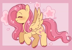 Size: 3440x2383 | Tagged: safe, artist:sakukitty, blossom, fluttershy, pegasus, pony, g1, g4, cute, female, flower, flowing tail, happy, mare, pink background, pink mane, shyabetes, signature, simple background, spread wings, tail, trotting, unshorn fetlocks, wings, yellow coat