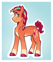 Size: 760x876 | Tagged: safe, artist:faielyn, sunny starscout, earth pony, pony, g5, alternate design, blue background, bow, braid, braided ponytail, chest fluff, female, gradient background, hair bow, looking at you, mane stripe sunny, mare, multicolored mane, orange coat, outline, ponytail, redesign, signature, solo, tail, unshorn fetlocks, white outline