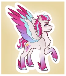 Size: 784x908 | Tagged: safe, artist:faielyn, pegasus, pony, g5, alternate design, alternate hairstyle, colored wings, female, mare, outline, raised leg, redesign, signature, simple background, spread wings, tail, two toned mane, two toned tail, two toned wings, white coat, white outline, wings, yellow background
