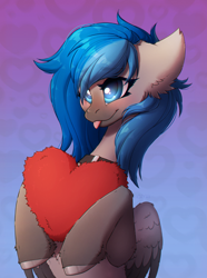 Size: 2226x3000 | Tagged: safe, artist:viryav, oc, oc only, pegasus, pony, blushing, collar, cute, female, fluffy, gradient background, heart, heart background, mare, smiling, solo, tongue out