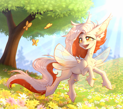 Size: 3000x2652 | Tagged: safe, artist:viryav, sunburst, oc, oc only, butterfly, pegasus, pony, complex background, day, ear piercing, field, flower, flower field, forest, leaves, light, nature, piercing, smiling, solo, sparkly eyes, sun, tree, wingding eyes, wood