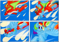 Size: 2283x1614 | Tagged: safe, artist:ladone-delle-lumiere, rainbow dash, oc, dragon, pegasus, pony, female, flying, furry to pony, mare, non-mlp oc, traditional art, transformation, transformation sequence