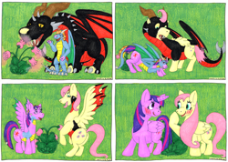 Size: 2276x1619 | Tagged: safe, artist:ladone-delle-lumiere, fluttershy, twilight sparkle, oc, alicorn, dragon, pegasus, pony, blushing, duo, female, flower, furry to pony, mare, non-mlp oc, traditional art, transformation, transformation sequence, twilight sparkle (alicorn)