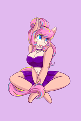 Size: 1365x2048 | Tagged: safe, artist:mscolorsplash, oc, oc only, earth pony, anthro, plantigrade anthro, belly button, big breasts, breasts, cleavage, female, mare, midriff, open mouth, open smile, purple background, simple background, sitting, smiling, solo