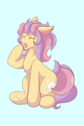 Size: 1365x2048 | Tagged: safe, artist:mscolorsplash, oc, oc only, oc:daisy wave, earth pony, pony, eyes closed, female, floppy ears, light blue background, mare, open mouth, simple background, sitting, solo, yawn