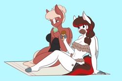 Size: 2048x1365 | Tagged: safe, artist:mscolorsplash, oc, oc only, pegasus, anthro, plantigrade anthro, beach towel, belly button, big breasts, bikini, blaze (coat marking), breasts, cleavage, clothes, coat markings, curvy, duo, duo female, facial markings, female, food, frilled swimsuit, ice cream, ice cream cone, licking, light blue background, mealy mouth (coat marking), one-piece swimsuit, simple background, sitting, smiling, swimsuit, tongue out