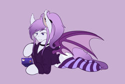 Size: 2048x1365 | Tagged: safe, artist:mscolorsplash, oc, oc only, bat pony, pony, bat pony oc, clothes, female, hello kitty, hoodie, hoof hold, invader zim, lidded eyes, lying down, mare, prone, purple background, simple background, smiling, socks, solo, spread wings, striped socks, wings