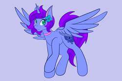 Size: 2048x1365 | Tagged: safe, artist:mscolorsplash, oc, oc only, alicorn, pony, alicorn oc, choker, colored pupils, female, flower, flower in hair, horn, mare, purple background, simple background, smiling, solo, spread wings, wings