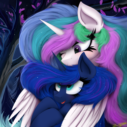 Size: 4000x4000 | Tagged: safe, artist:ser-p, princess celestia, princess luna, alicorn, pony, g4, absurd resolution, cute, duo, duo female, female, horn, hug, mare, one eye closed, siblings, signature, sisters, winghug, wings
