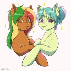 Size: 2000x2000 | Tagged: safe, artist:erein, oc, oc:buttercake pie, oc:drawing unique, pony, unicorn, blushing, brown fur, colored, cute, duo, duo female, ear piercing, earring, ears up, female, flat colors, freckles, high res, horn, jewelry, lidded eyes, looking at you, mole, multicolored hair, open mouth, orange eyes, piercing, ponytail, simple background, sketch, smiling, smiling at you, stars, unicorn oc, white background