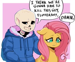 Size: 1283x1050 | Tagged: safe, artist:nubi_mei, fluttershy, pegasus, pony, abstract background, bone, crossover, female, i think we're gonna have to kill this guy, mare, meme, sans (undertale), skeleton, speech bubble, text, undertale