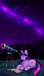Size: 2068x3564 | Tagged: safe, artist:mscreepyplaguedoctor, twilight sparkle, pony, unicorn, g4, book, crossed hooves, female, high res, looking up, lying down, mare, night, night sky, prone, sky, solo, telescope, unicorn twilight