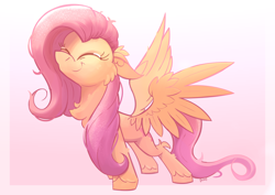 Size: 2970x2100 | Tagged: safe, artist:candy meow, fluttershy, pegasus, pony, g4, ^^, cheek fluff, chest fluff, ear fluff, eyes closed, female, floppy ears, gradient background, mare, smiling, solo, spread wings, stretching, wings