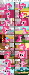 Size: 1282x3304 | Tagged: safe, edit, edited screencap, screencap, pinkie pie, earth pony, pony, comic:celestia's servant interview, baby cakes, feeling pinkie keen, friendship is magic, g4, mmmystery on the friendship express, season 1, season 2, swarm of the century, the last roundup, bedroom eyes, cake on face, caption, comic, crown, cs captions, descriptive noise, female, floppy ears, food, fountain, gritted teeth, happy, helmet, image macro, interview, jewelry, mare, pinkie being pinkie, ponyville, regalia, screencap comic, smelling, sniffing, solo, sugarcube corner, teeth, text, town hall