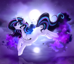 Size: 2416x2084 | Tagged: safe, artist:sparkling_light, oc, oc only, pony, unicorn, female, fog, horn, jewelry, lake, moon, night, ocean, pendant, solo, water