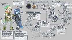 Size: 3840x2160 | Tagged: safe, artist:ravistdash, oc, oc only, oc:alancasia, oc:carinae, earth pony, pony, unicorn, semi-anthro, aircraft carrier, armor, belly, belly button, bipedal, boots, city, destruction, gun, horn, macro, midriff, plane, reference sheet, running, ship, shoes, smiling, text, underhoof, weapon