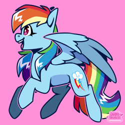 Size: 2894x2894 | Tagged: safe, artist:jellysketch, rainbow dash, pegasus, pony, g4, female, flying, high res, mare, open mouth, open smile, partially open wings, pink background, side view, simple background, smiling, solo, wings