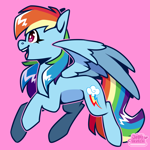 Size: 2894x2894 | Tagged: safe, artist:jellysketch, rainbow dash, pegasus, pony, g4, female, flying, mare, open mouth, open smile, partially open wings, pink background, side view, simple background, smiling, solo, wings
