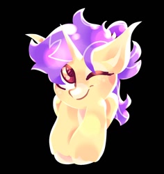 Size: 1020x1080 | Tagged: safe, artist:kingdom, oc, pony, unicorn, black background, horn, one eye closed, purple mane, simple background, smiling, solo, unicorn oc, wink, yellow coat