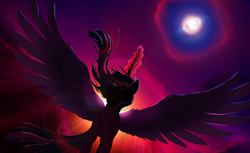 Size: 2354x1444 | Tagged: safe, artist:autumngoddessxiv, twilight sparkle, alicorn, pony, g4, angle, backlighting, evil, evil twilight, glowing, glowing horn, horn, impending eclipse, power drunk, solo, spread wings, twilight sparkle (alicorn), wings