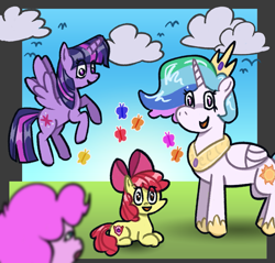 Size: 1601x1531 | Tagged: safe, artist:mannerin, apple bloom, pinkie pie, princess celestia, twilight sparkle, alicorn, bird, butterfly, earth pony, pony, g4, cloud, female, filly, foal, grass, lying down, mare, open mouth, prone, smiling, twilight sparkle (alicorn)